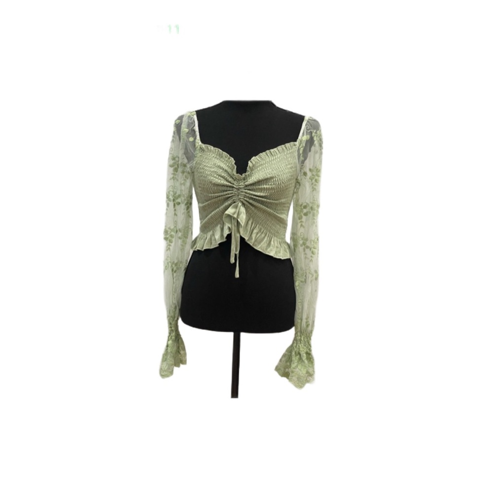 Off Shoulder Embroidered Mesh Sleeve Drawstring Shirred Top